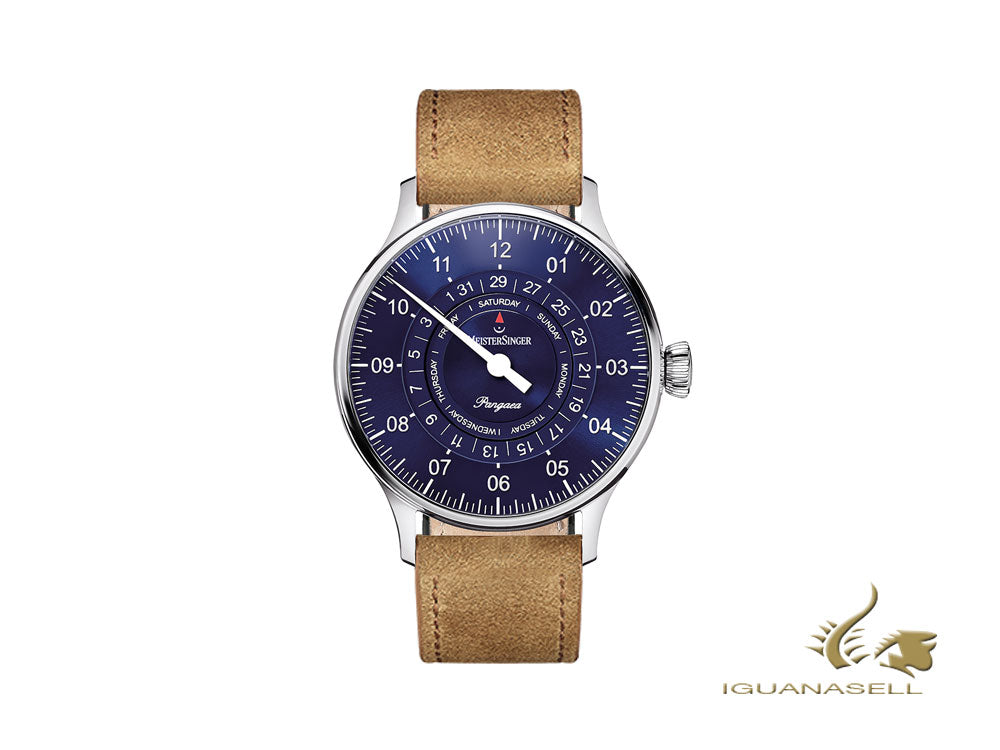 Meistersinger Pangaea Day Date Automatic Watch, Sunburst Blue, Leather strap