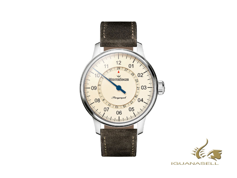 Meistersinger Perigraph Automatic Watch, 43mm, Ivory, Leather, AM1003-SV02