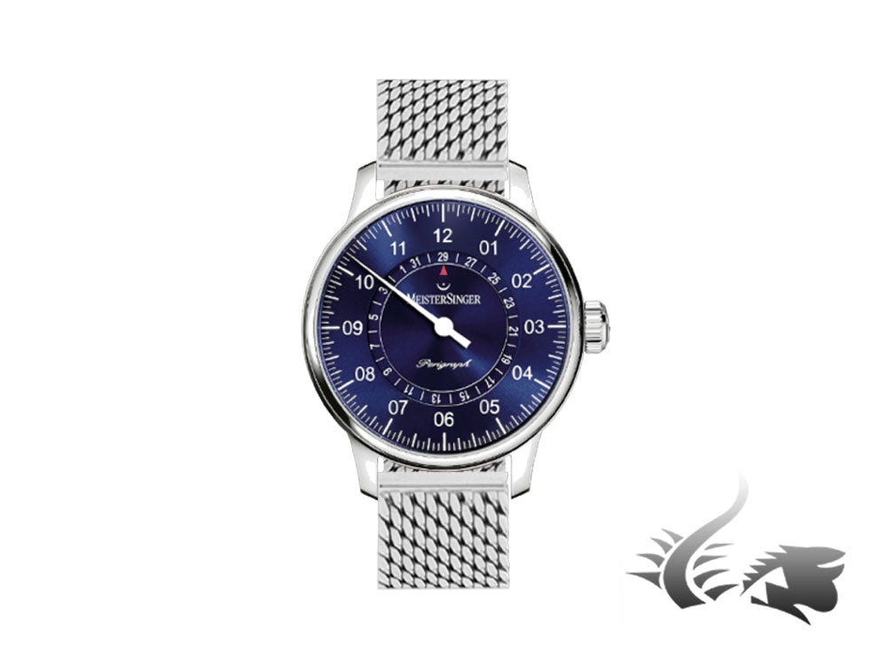 Montre automatique Meistersinger Perigraph, ETA 2824-2, bleu sunburst, bracelet en maille