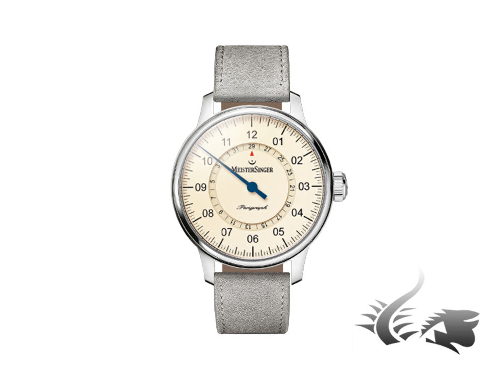 Meistersinger Perigraph Automatic Watch, ETA 2824-2, 43mm, Ivory, Grey leather