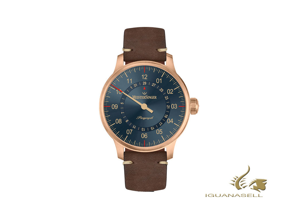 Meistersinger Perigraph Bronce Automatic Watch, 43 mm, Blue, Leather, AM1017BR