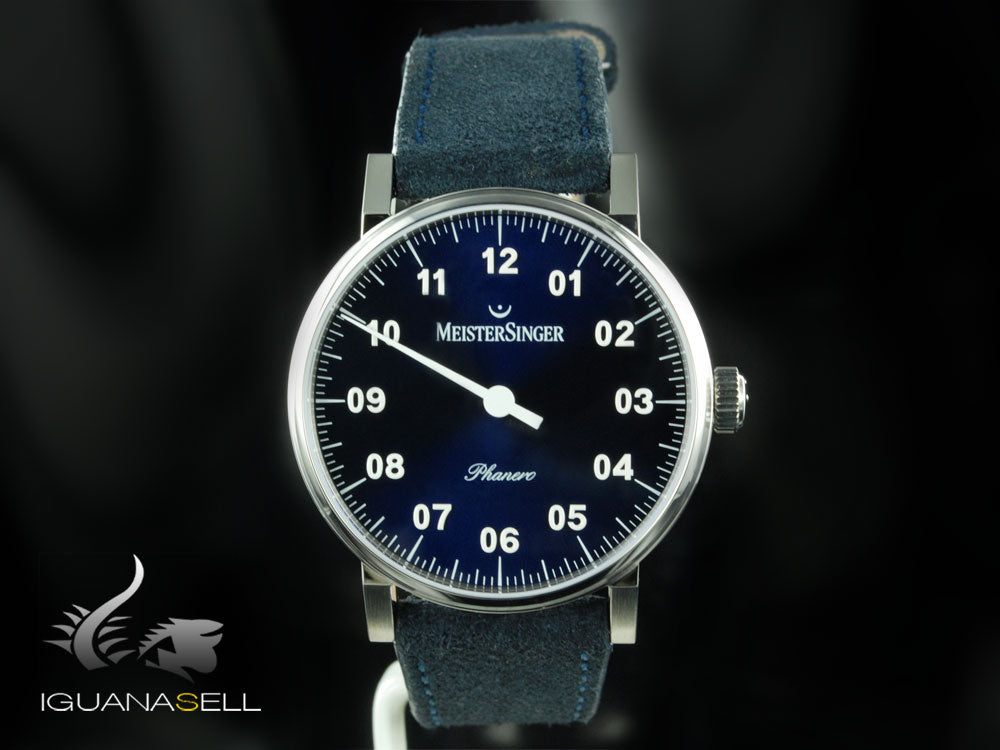 Meistersinger Phanero Watch, Manual winding, Blue sunburst, 35mm, Leather strap