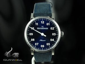 Montre Meistersinger Phanero, remontage manuel, bleu sunburst, 35 mm, bracelet en cuir