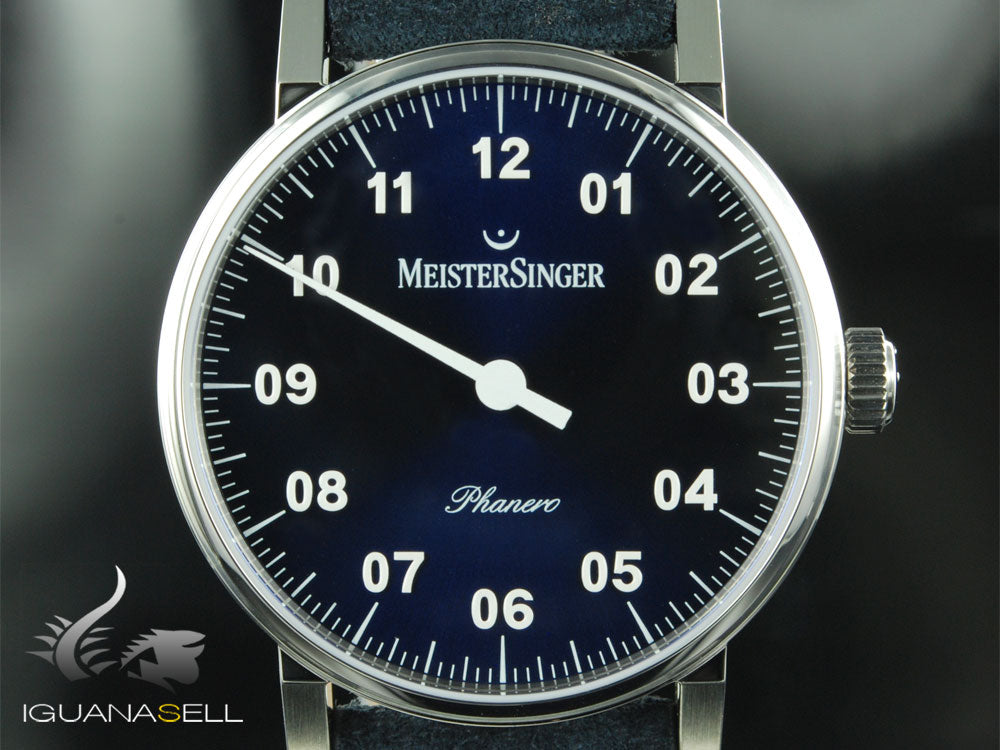 Meistersinger Phanero Watch, Manual winding, Blue sunburst, 35mm, Leather strap