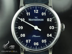 Meistersinger Phanero Watch, Manual winding, Blue sunburst, 35mm, Leather strap