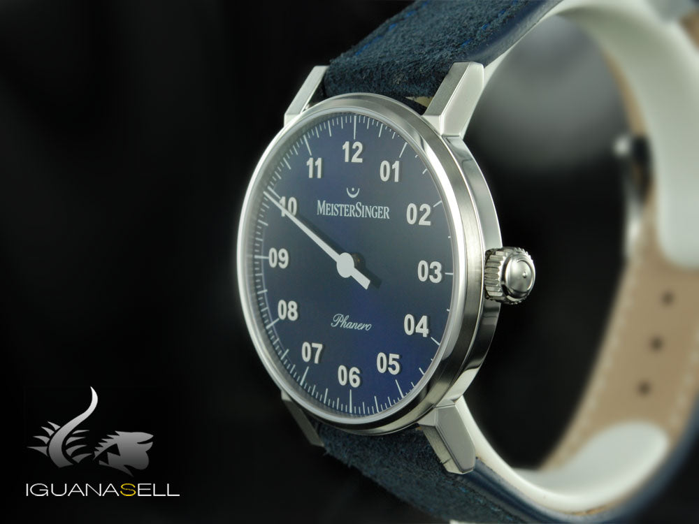 Meistersinger Phanero Watch, Manual winding, Blue sunburst, 35mm, Leather strap