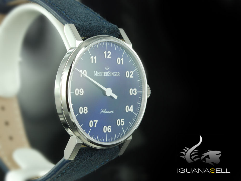 Meistersinger Phanero Watch, Manual winding, Blue sunburst, 35mm, Leather strap