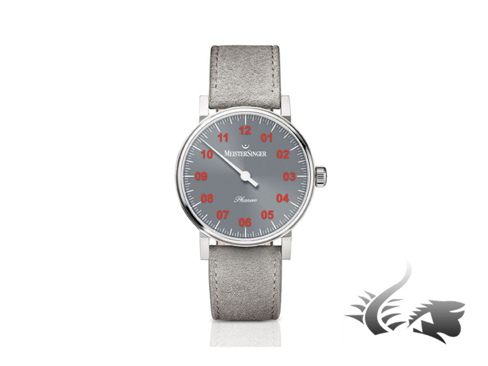 Meistersinger Phanero Watch, Manual winding, Grey, 35mm, Leather strap