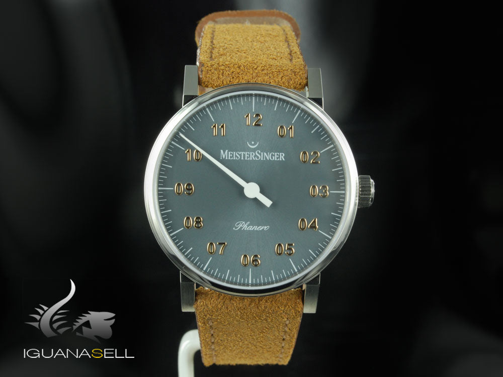 Meistersinger Phanero Watch, Manual winding, Grey, 35mm, Leather strap