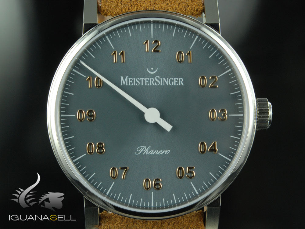 Meistersinger Phanero Watch, Manual winding, Grey, 35mm, Leather strap