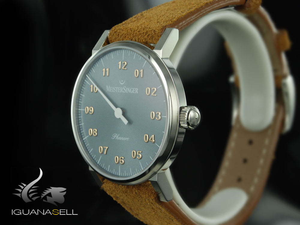 Meistersinger Phanero Watch, Manual winding, Grey, 35mm, Leather strap