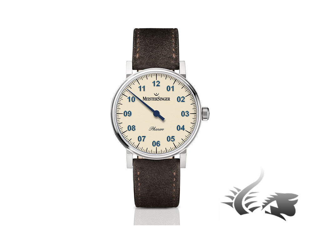 Montre Meistersinger Phanero, remontage manuel, ivoire, 35 mm, bracelet en cuir