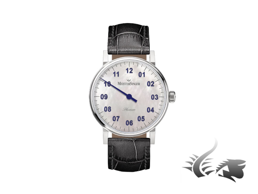 Meistersinger Phanero Watch, Manual winding, Mother of pearl, 35mm, Leather