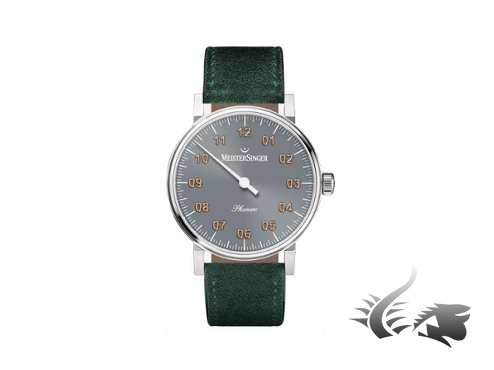 Meistersinger Phanero Watch, SW 210, Grey, 35mm, Green strap, PH307G-SV17