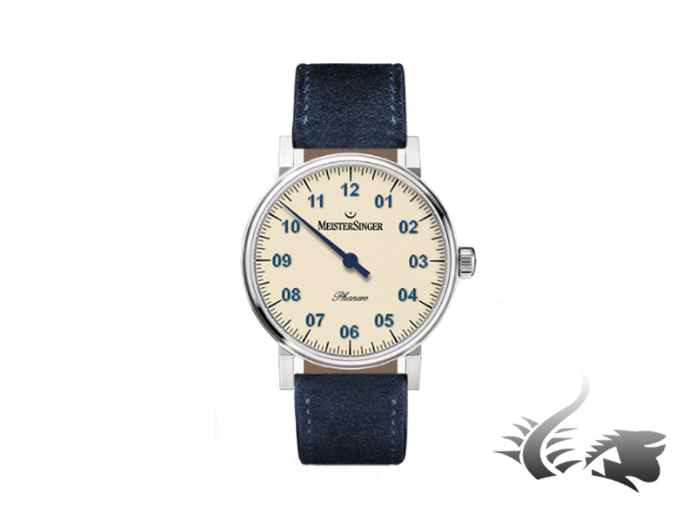 Meistersinger Phanero Watch, Ivory, 35mm, Blue leather strap, PH303-SV14