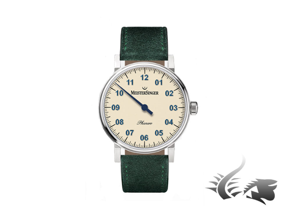 Meistersinger Phanero Watch, Ivory, 35mm, Green leather strap, PH303-SV17