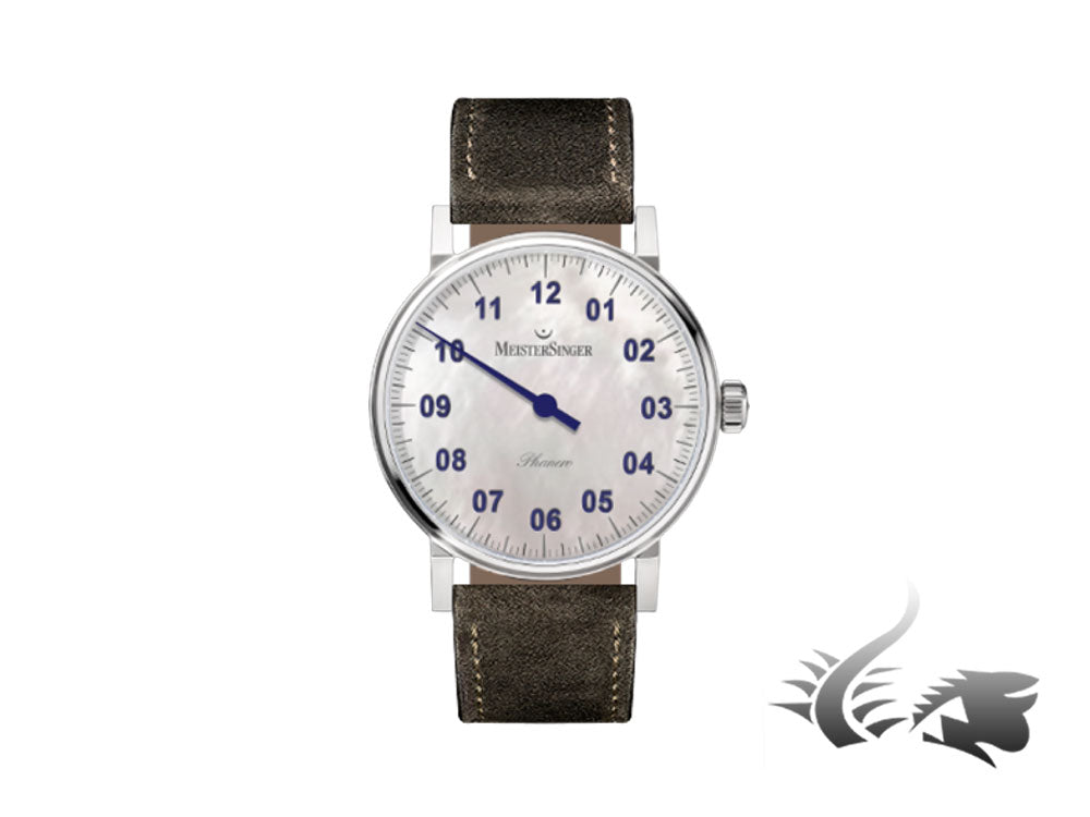 Meistersinger Phanero Watch, Manual winding, Mother of pearl, Leather strap