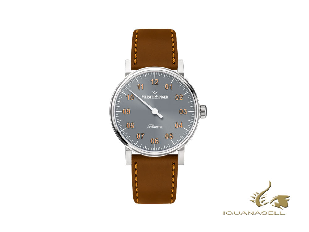 Meistersinger Phanero Watch, Manual winding, Grey, Cognac, 35mm, PH307G-SCF03