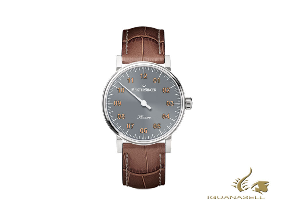 Montre Meistersinger Phanero, remontage manuel, SW 210, gris, marron, 35 mm