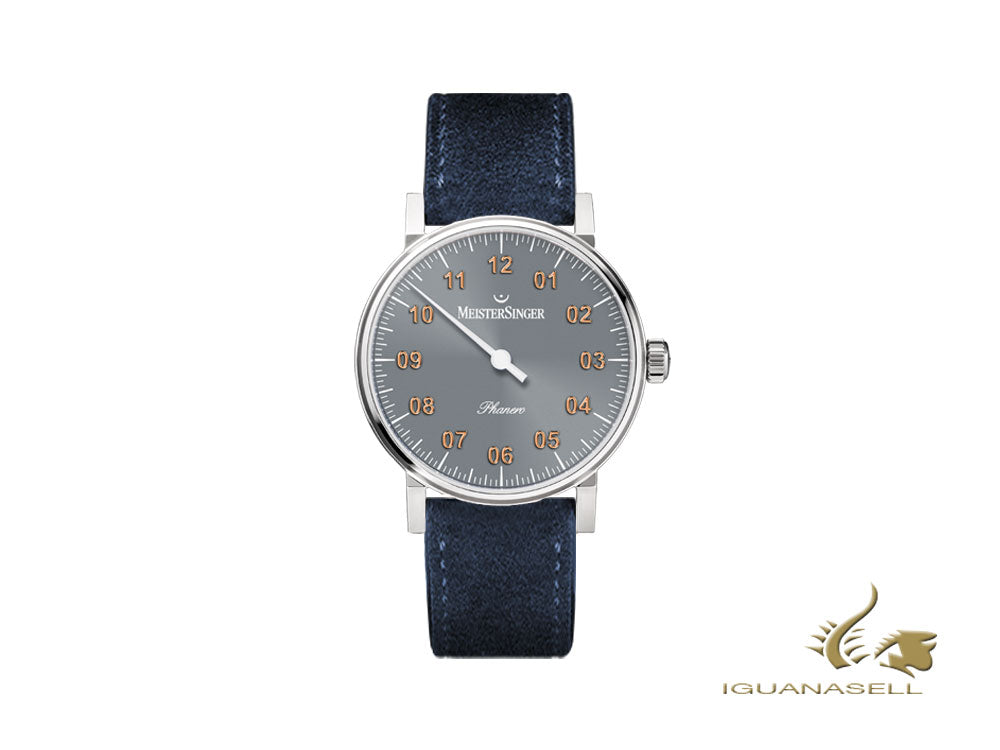 Montre Meistersinger Phanero, remontage manuel, SW 210, gris, 35 mm, PH307G-SV14