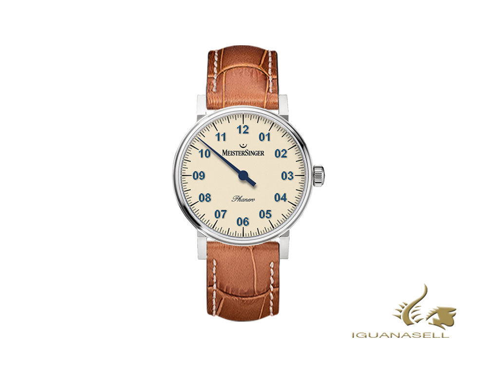 Meistersinger Phanero Watch, Manual winding, SW 210, Ivory, Cognac, 35mm