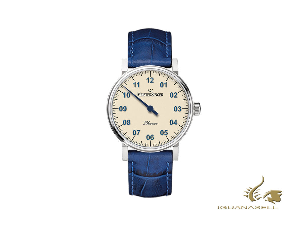 Meistersinger Phanero Watch, Manual winding, SW 210, Ivory, Blue, 35mm