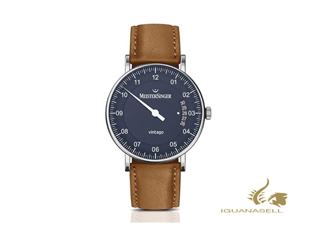 Meistersinger Vintago Automatic Watch, SW 200-1, 38mm, Blue, Leather, VT908