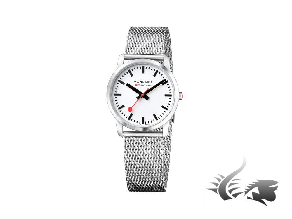 Montre à quartz Mondaine SBB Simply Elegant, acier inoxydable poli, bracelet en maille, 36 mm