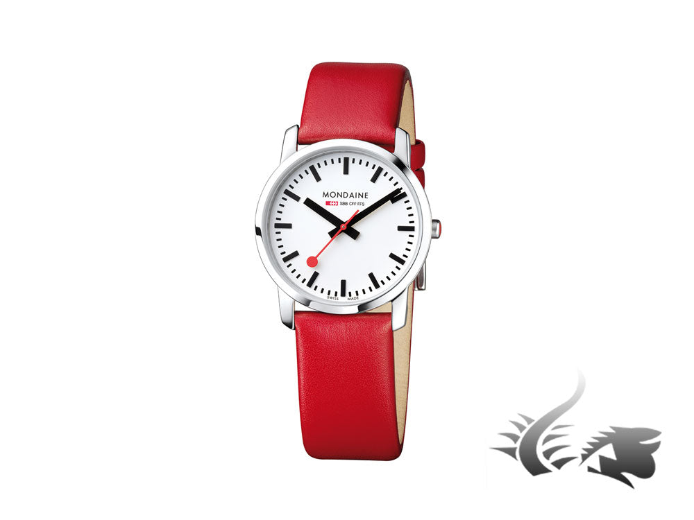 Mondaine SBB Simply Elegant Quartz watch, stainless, Red leather strap, 36mm