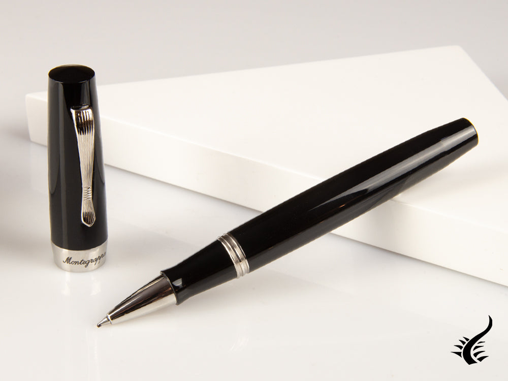 Stylo roller Montegrappa Elmo 02 Jet Black, résine, acier inoxydable, ISE2RRAC