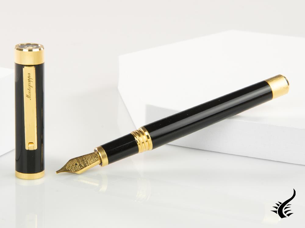 Montegrappa Zero Fountain Pen, Black Resin, Yellow gold trims, ISZEI-IY