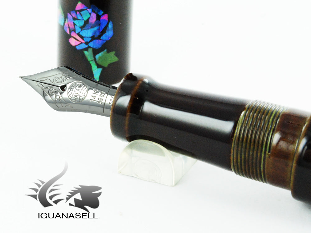 Pluma estilográfica Nakaya Cigar Raden Blue Roses, 17 mm, Plumín Rodiado