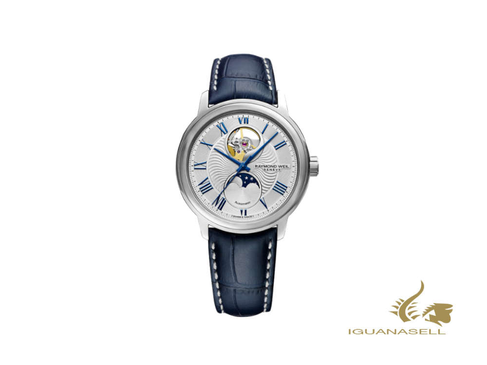 Montre automatique Raymond Weil Maestro, 40 mm, bleu, bracelet en cuir, 2240-STC-00655