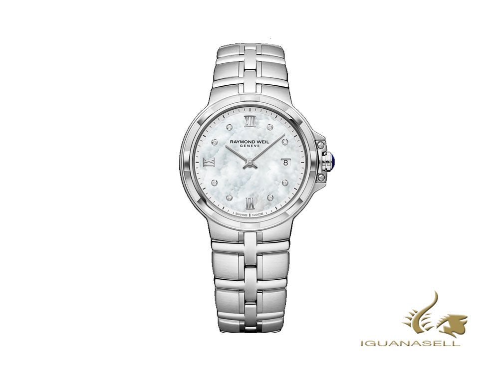 Montre à quartz pour femme Raymond Weil Parsifal, nacre, jour, 8 diamants