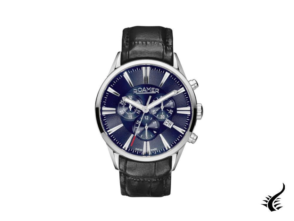 Montre à quartz Roamer Superior Chrono, bleu, 44 mm, bracelet en cuir, 508837 41 45 05