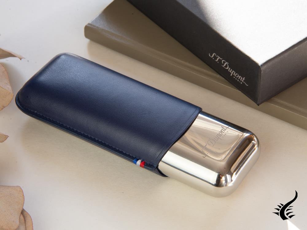 Etui à accessoires ST Dupont, cuir, souple, bleu, base en métal, 2 cigares, 183014