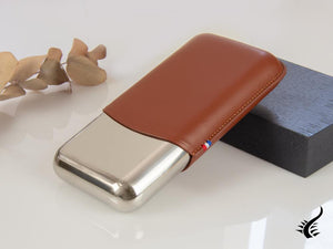 Etui à accessoires ST Dupont, cuir, souple, marron, base en métal, 3 cigares, 183021