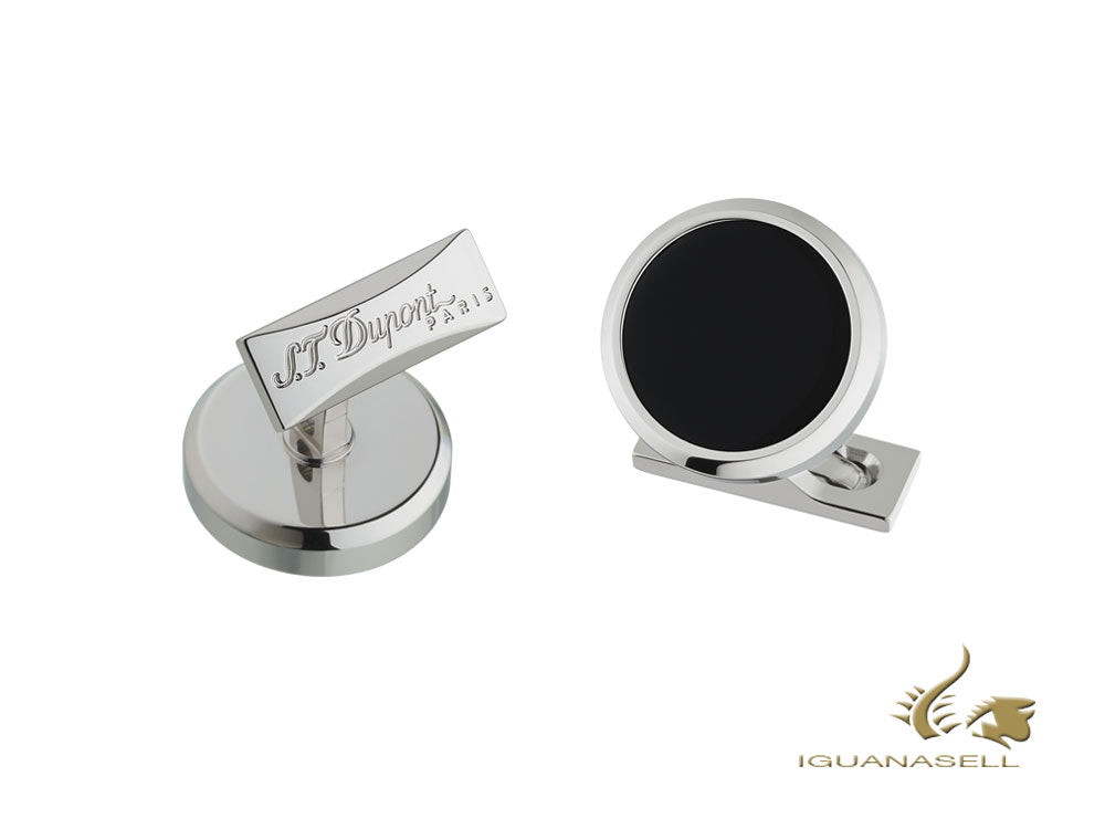 S.T. Dupont Round Cufflinks, Steel, Black lacquer, Palladium, Black, 005576