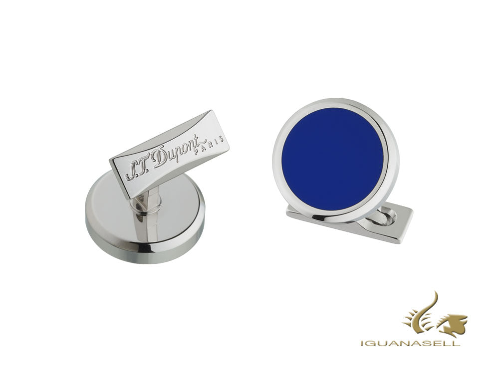 S.T. Dupont Round Cufflinks, Steel, Blue lacquer, Palladium, Blue, 005575