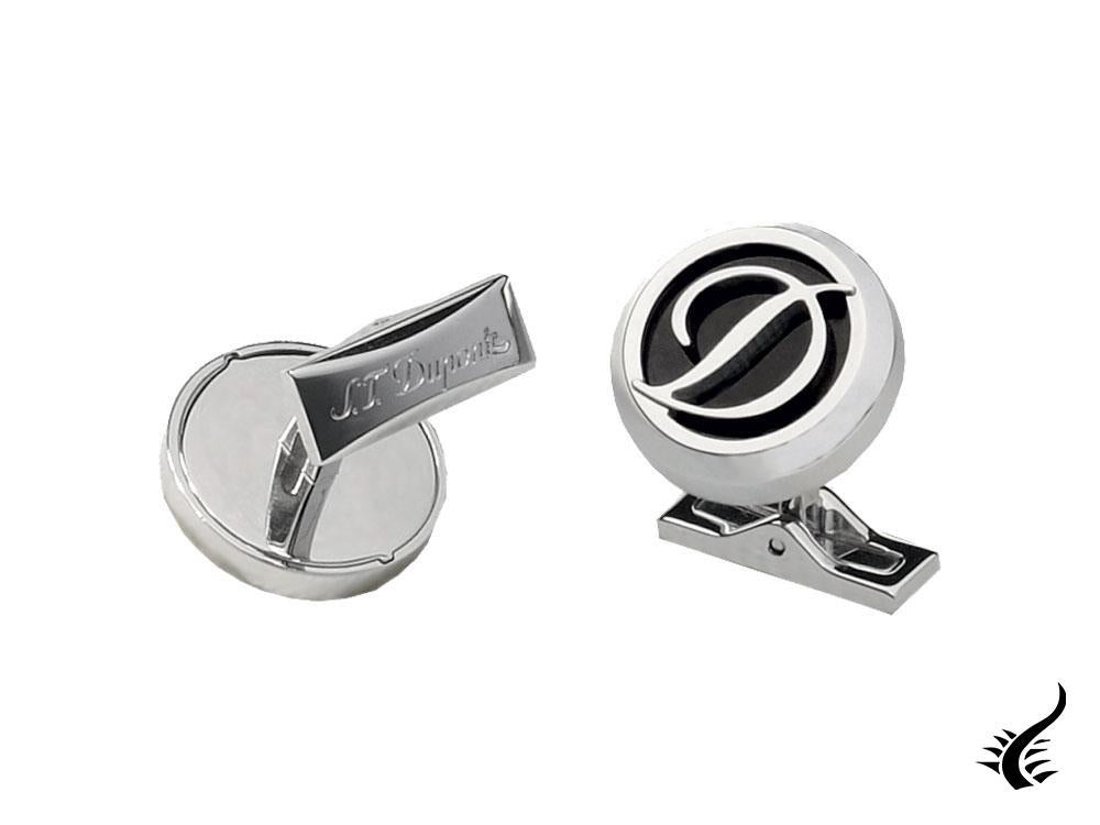 S.T. Dupont Round Cufflinks, Steel, Lacquer, Stainless Steel, Silver, 005585