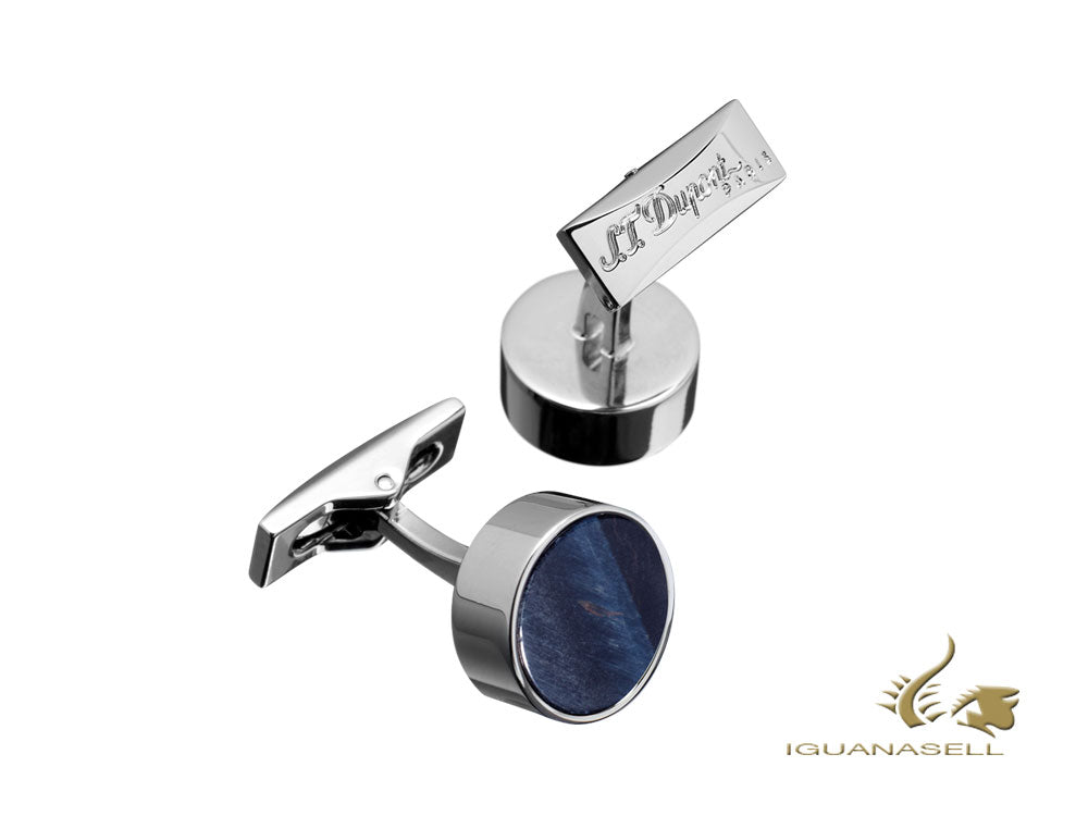 S.T. Dupont Round Falcon Eye Cufflinks, Palladium, Blue, 005614