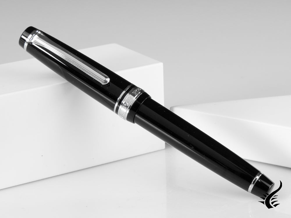 Sailor Professional Gear Slim Silver Fountain Pen, Black, Rhodium trim