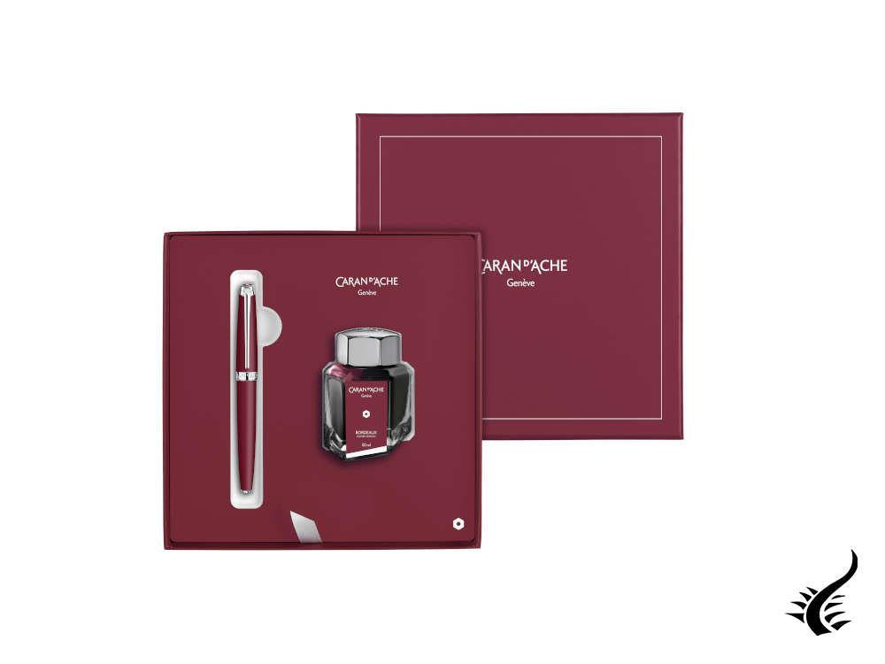 Set Caran d'Ache Léman Burgundy Fountain Pen and Ink Bottle, 4799.085