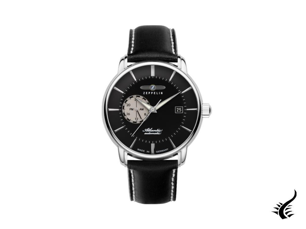 Montre automatique Zeppelin Atlantic, noire, 41 mm, jour, bracelet en cuir, 8470-2