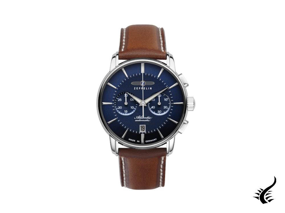 Montre automatique Zeppelin Atlantic, bleu, 42 mm, bracelet en cuir, 8422-3