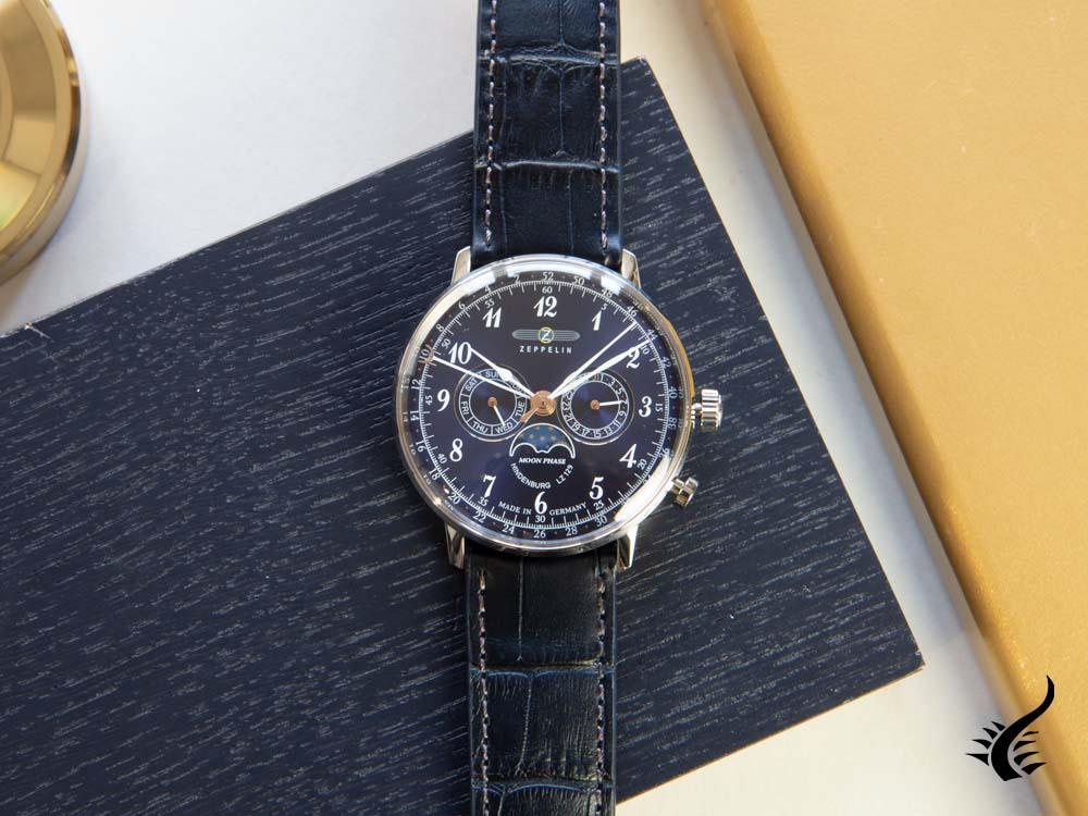 Montre à quartz Zeppelin LZ 129 Hindenburg Moonphase, bleu, 40 mm, 7036-3