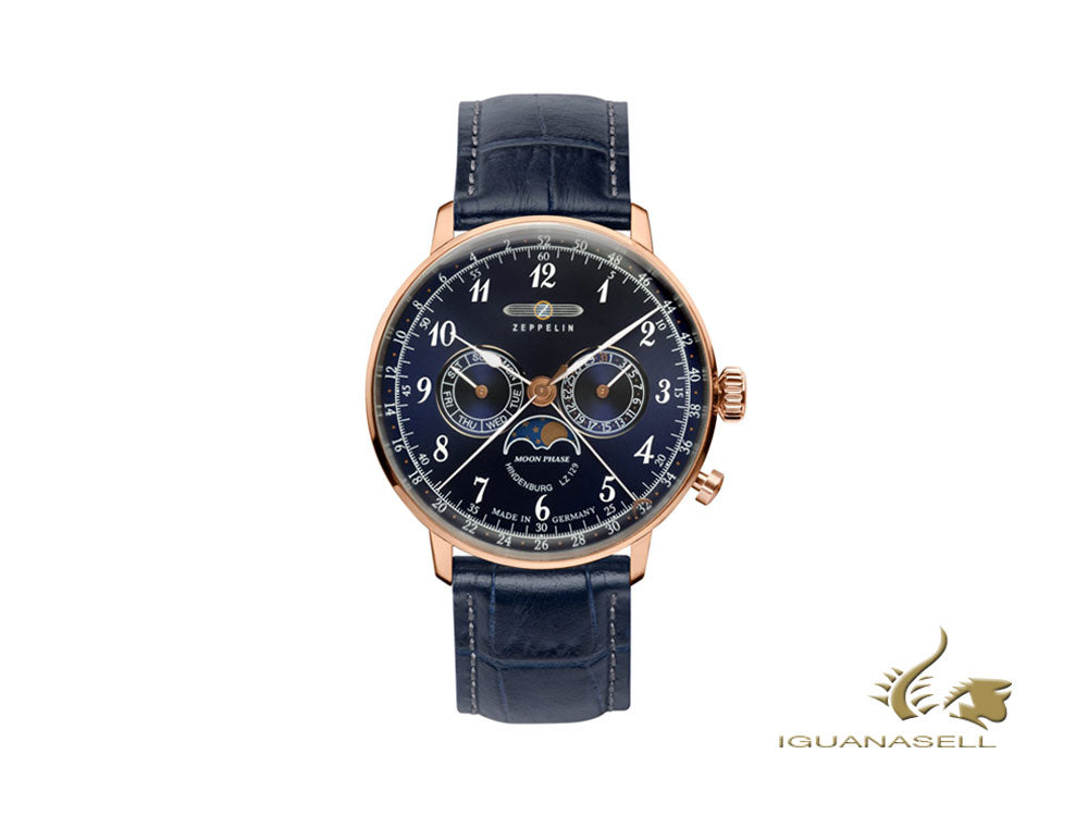 Montre à quartz Zeppelin LZ 129 Hindenburg Moonphase, or rose, bleu, 40 mm, 7038-3