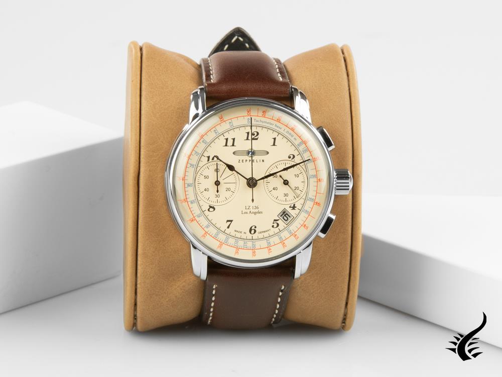 Montre à quartz Zeppelin LZ126 Los Angeles, crème, 42 mm, chronographe, 7614-5